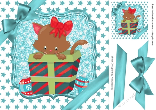 Cute kitten in christmas gift with bow and turq stars 8x8