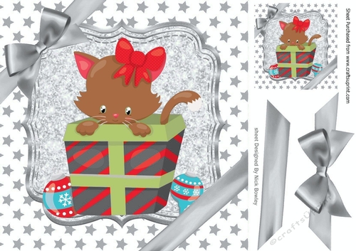 Cute kitten in christmas gift with bow and silver stars 8x8