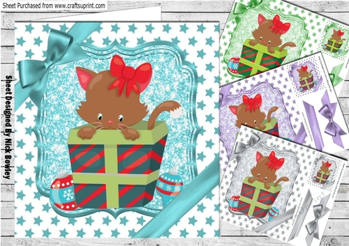  4 lovely Cute kitten in christmas gifts with bow card fronts and stars 8x8 mini kit