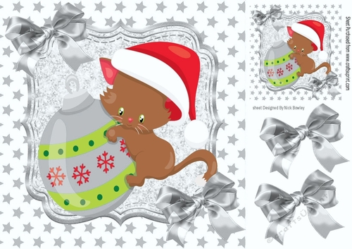 Cute kitten with bauble with silver bow and silver stars 8x8