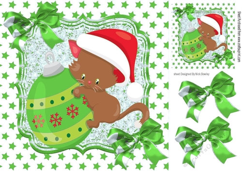 Cute kitten with bauble with green bow and green stars 8x8