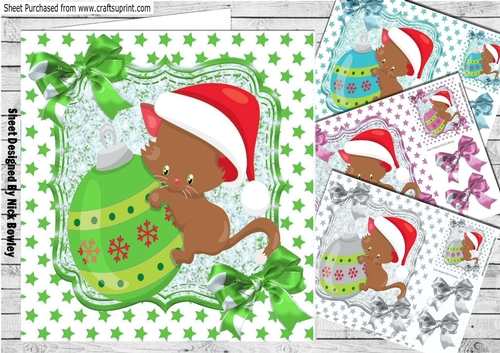 4 Cute kittens with christmas baubles with bow, card fronts and stars 8x8 mini kit