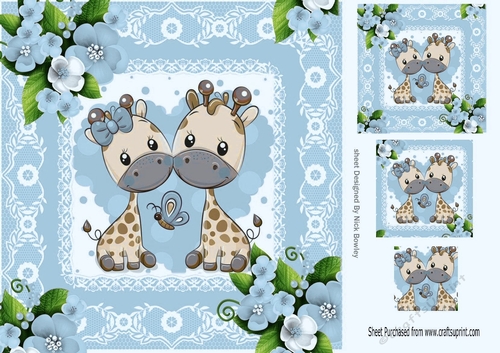 Cute pair of giraffes in lace frame with blue roses 8x8