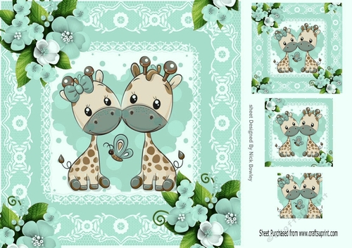 Cute pair of giraffes in lace frame with turq roses 8x8