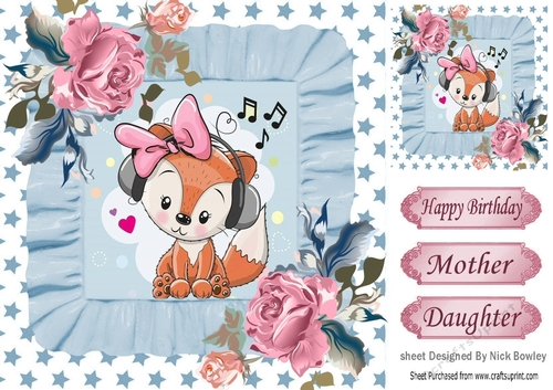 Cute foxy lady with painted roses with frills & stars 8x8