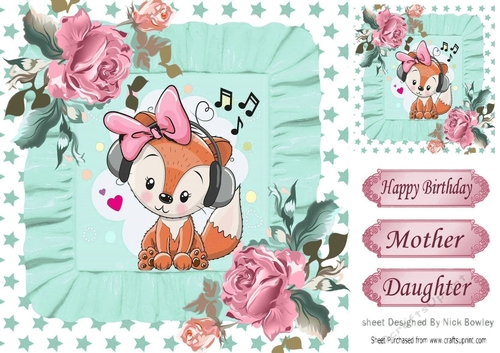Cute foxy lady with painted roses with turq frills & stars 8x8