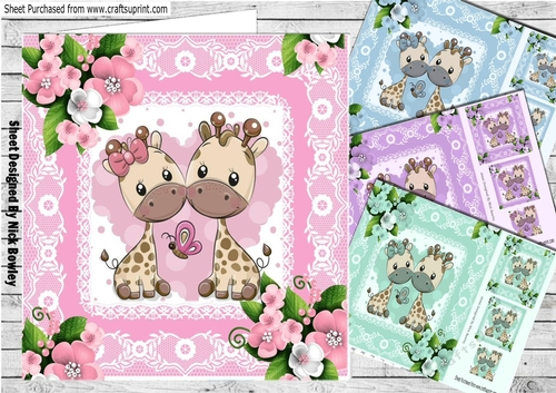  4 Cute pair of giraffes in lace frame card fronts with roses 8x8 mini kit
