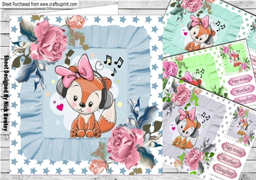 4 Cute foxy lady with painted roses with frills & stars card fronts 8x8 mini kit