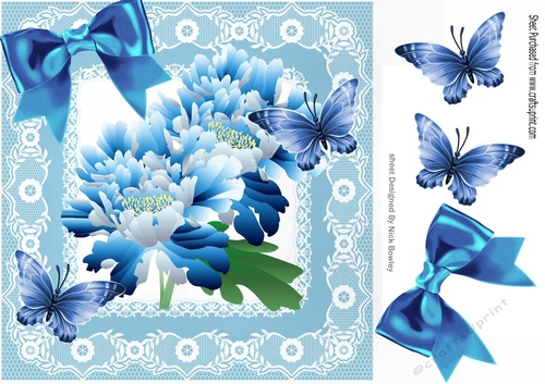 Pretty blue flowers with bow and blue butterflies lace 8x8 frame