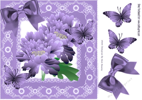 Pretty purple flowers with bow and purple butterflies lace 8x8 frame