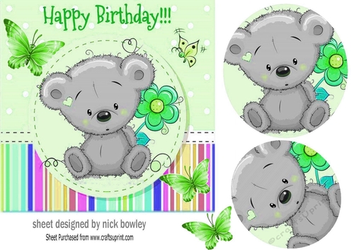 Cute little grey teddy bear with flower 7x7 (green)