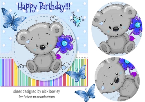 Cute little grey teddy bear with flower 7x7 (blue)