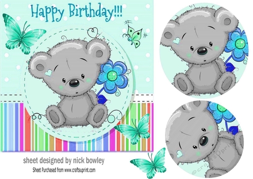 Cute little grey teddy bear with flower 7x7 (turq)