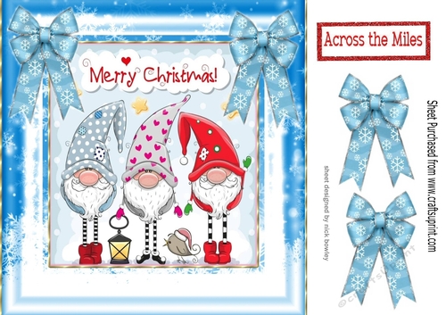 Trio of santas elves with bows and little robin 8x8