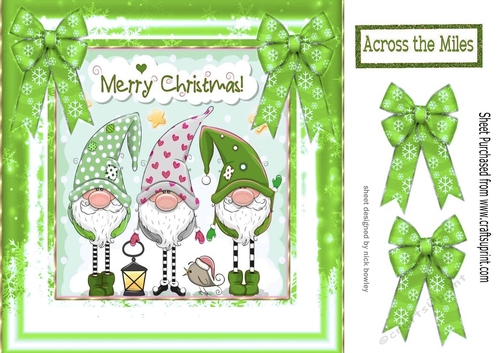 Trio of santas elves with bows and little robin 8x8 (green)