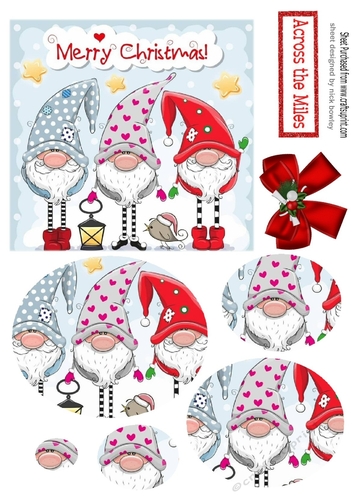 Trio of santas elves with bow and oval pyramids (blue)