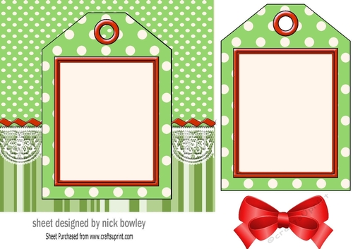 Green spot/stripe & lace with tag & bow card front 7x7
