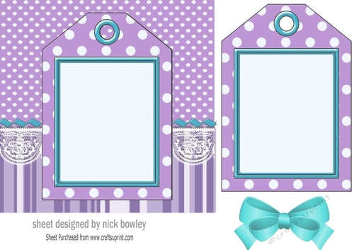 purple spot/stripe & lace with tag & bow card front 7x7