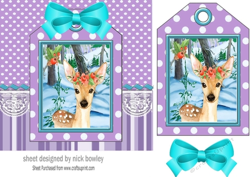deer on a christmas tag , stripes and bow 7x7