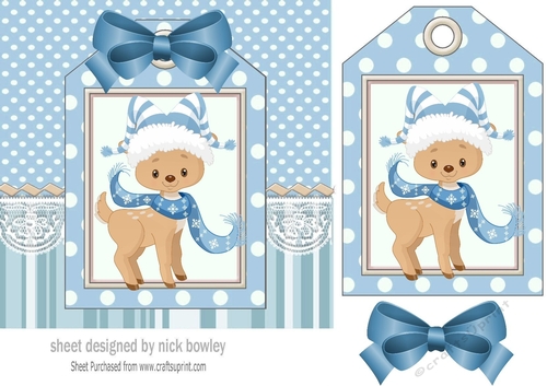 Reindeer in a scarf on a christmas tag , blue stripes and bow 7x7
