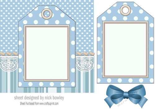 blue spot/stripe & lace with tag & bow card front 7x7