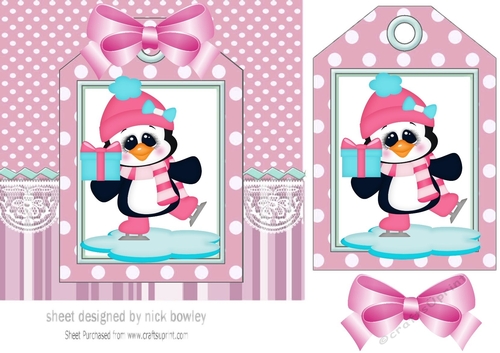 penguin on a christmas tag , stripes and bow 7x7