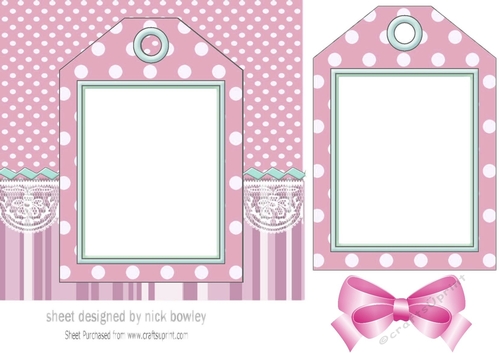 pink spot/stripe & lace with tag & bow card front 7x7