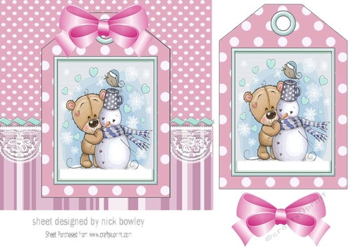 bear and snowman on a christmas tag , pink stripes and bow 7x7