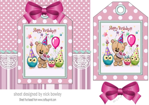 Birthday teddy with owls on a tag , pink stripes and bow 7x7