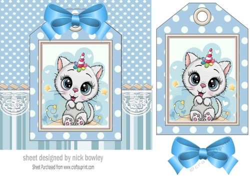 White kitty with party hat on a tag , blue stripes and bow 7x7
