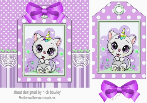 White kitty with party hat on a tag , lilac stripes and bow 7x7