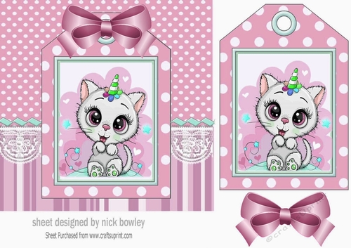 White kitty with party hat on a tag pink stripes and bow 7x7