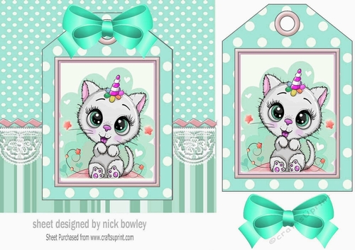 White kitty with party hat on a tag , turq stripes and bow 7x7