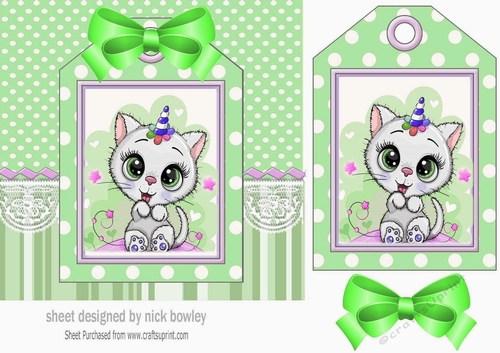 White kitty with party hat on a tag , green stripes and bow 7x7