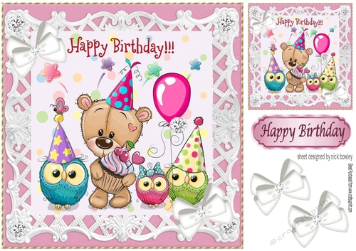 Teddy bear party with owls and white bows 8x8