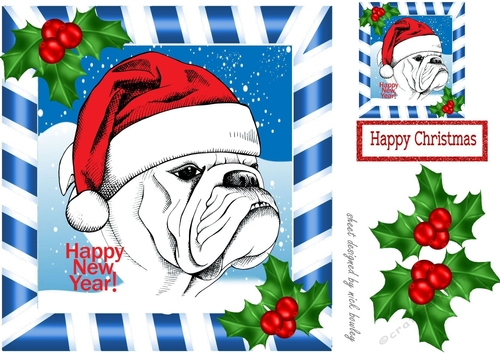 Grumpy dog in santa hat with holly 8x8