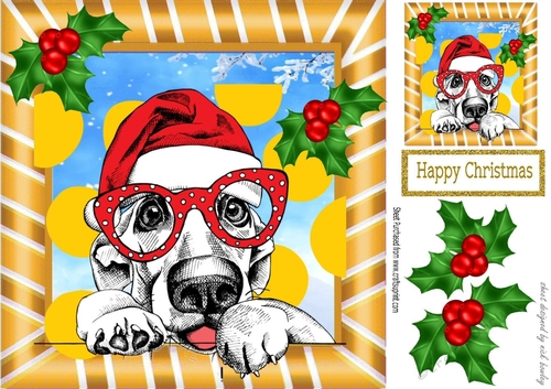  dog in santa hat with holly in gold striped frame 8x8
