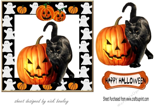 Spooky ghost frame 7x7 with pumpkin and black cat