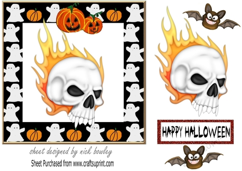 Spooky ghost frame 7x7 with skull with flames and bats