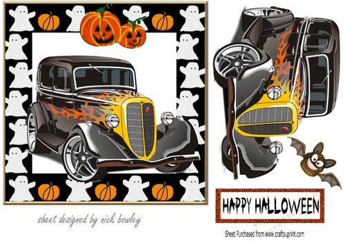 Spooky ghost frame 7x7 with car with flames and bat