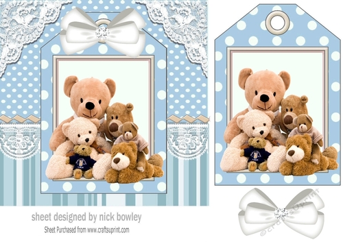 Cute teddy bears with white bow on a tag, blue striped 7x7 frame
