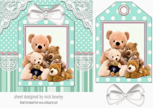 Cute teddy bears with white bow on a tag, turq striped 7x7 frame