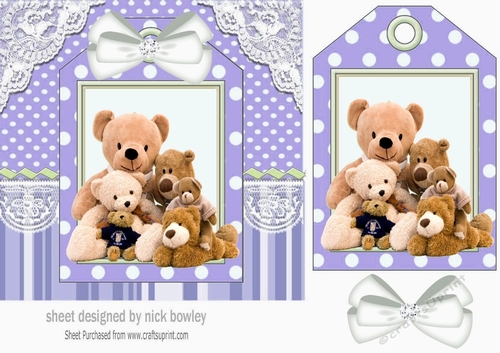Cute teddy bears with white bow on a tag, purple striped 7x7 frame