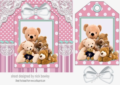 Cute teddy bears with white bow on a tag, pink striped 7x7 frame