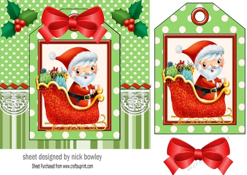 Lovely whimsical santa on a tag green striped 7x7 frame