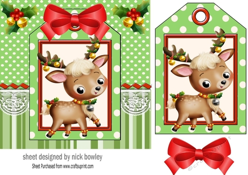 Lovely whimsical little deer on a tag green striped 7x7 frame