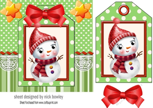 Lovely whimsical snowman on a tag green striped 7x7 frame