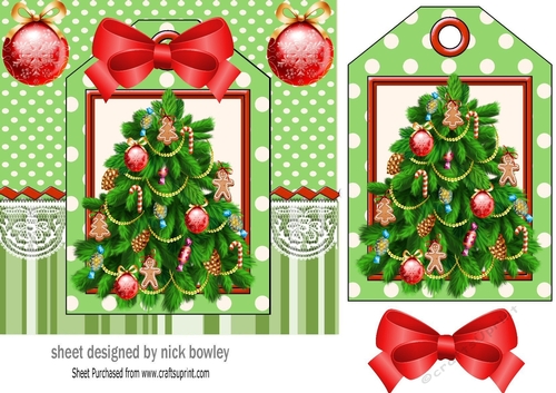 Lovely christmas tree with baubles on a tag green striped 7x7 frame