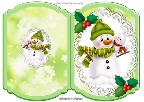 snowman in bobble hat with holly on lace bracket card