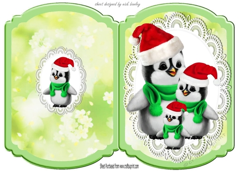 Trio of Penguins  on lace bracket card